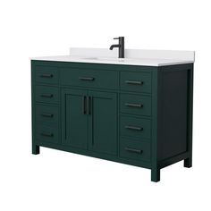 a bathroom vanity with a white counter top and dark green cabinetry, along with a black faucet