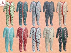 many pajamas are shown in different colors and sizes