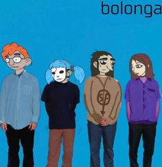 four people standing in front of a blue background with the words bologna on it and an image of them