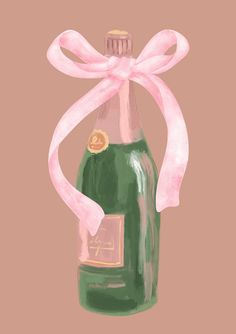 a painting of a bottle with a pink ribbon tied around the neck and label on it