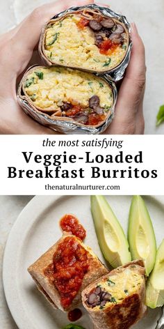 the most delicious veggie - loaded breakfast burritos are on this plate