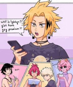 an anime character with blonde hair holding a cell phone and looking at the screen while surrounded by other characters