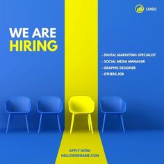 an advertisement for we are hiring with three chairs