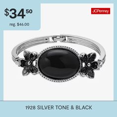 Feminine must-have silver tone bracelet is highlighted by rich black cabochon and silver tone flower details. Its perfect for layering or wear it alone for minimalist sophisticationCircumference: 7 1/4 InchJewelry Closure: Fold Over ClaspShape: FlowerStone Cut: OvalMetal Color: Silver ToneChain Length: 7 1/4 InchCare: Wipe CleanStone Type: 1 GlassBracelet Type: Cuff BraceletsMetal: AlloyCountry of Origin: Made in US Bracelets Bangle, Bracelet Black, Black 7, Fold Over, Type 1, Bangle Bracelet, Bangle Bracelets, Silver Tone, Layering