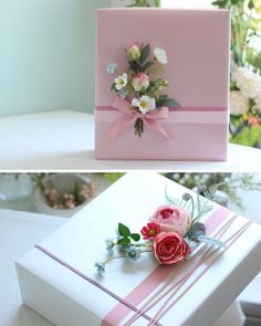 two pictures of pink and white boxes with flowers on them