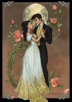 a man and woman dressed in formal clothing standing next to each other with roses around them