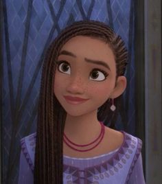 an animated girl with long braids standing in front of a blue fence and looking at the camera