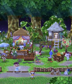 an animal crossing game in the middle of a forest with animals and other things around it