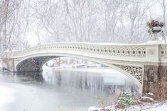 a bridge that is over some water with snow on the ground and trees in the background