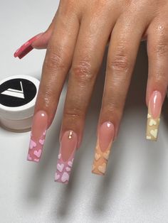 Cool Aesthetic Acrylic Nails, Valentine Nail Design Ideas, Tappered Nails Square Long French Tip, Easter Nail Inspo Acrylic, Nail Shop Outfit, Valentine Neutral Nails, Mail Inspo With Gems, Valentine Nail Inspiration, Creative Valentines Nails