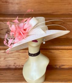 "✿*.Key Features.*✿ This is a wide brim hat with same color bow, quills and one or two tones feather Flower, very elegant and beautiful. It's a custom-made hat. If you want different color hat base, please contact Anna. Great for Kentucky derby, weddings, church, Easter, Royal Ascot, horse races, cocktails, tea party, or any hat wearing occasion. Hat base size: From front to back: 17.75\" (45cm) From left to right: 19\" (48cm) Wide brim Appr: 5.12~6.5\" Head girth: 22.5\" (57cm) , adjustable str Elegant Pink Adjustable Fedora, Elegant Adjustable Pink Fedora, Cream Curved Brim Fedora For Kentucky Derby, Elegant Pink Wide Brim Fedora, Elegant Cream Panama Hat For Kentucky Derby, Elegant Pink Brimmed Fedora, Cream Brimmed Hat Bands For Kentucky Derby, Cream Fitted Fedora For Kentucky Derby, Elegant Fedora Straw Hat For Weddings