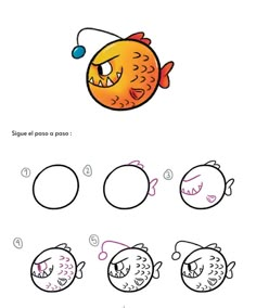 how to draw a cartoon fish step by step for kids in spanish and english language