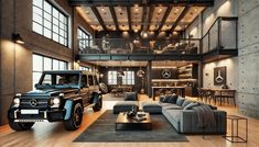 a living room filled with lots of furniture and a mercedes truck parked in front of it