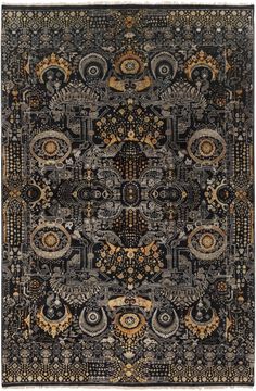 an intricately designed rug with many different colors and designs on the front, in dark blue