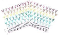 several rows of crochet stitchs are shown in different colors and sizes, with the same row at each end