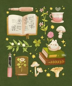 a painting of books, flowers, and other items on a green background with writing utensils