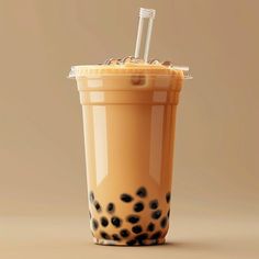 an iced drink with a straw in it's cup on a brown background,