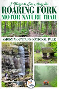 an advertisement for the smoky mountains national park with images of cabins and waterfalls in the woods