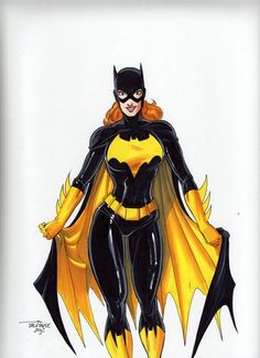 a drawing of a woman dressed as batgirl with yellow cape and black outfit, standing in