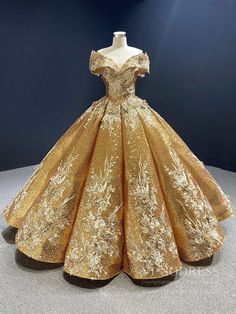 Off the Shoulder Gold Floral Quinceañera Dresses 66536C viniodress – Viniodress Beauty And The Beast Quince, Gold Ball Gown, Themed Bedrooms, Prom Inspo, Quince Dress, Gold Gown, Prom Dance, Floor Length Gown, Quince Dresses