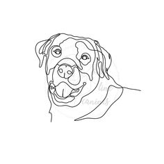 a black and white drawing of a dog's face with his tongue out, looking at the camera