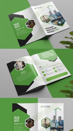 a green and black brochure is shown in three different positions, including the front cover