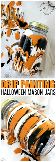 an orange and black striped jar with the words drip painting halloween mason jars