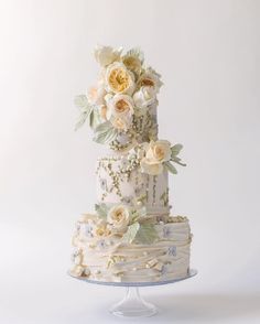 a three tiered cake with white flowers and leaves on the top is shown in front of a white background