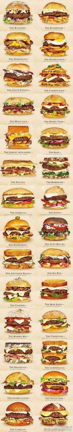 a large poster with different types of sandwiches on it's sides, all in different colors