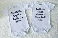 Super cute twin baby vests, these are great pregnancy announcement props! ‘Double the giggles, double the grins, double the trouble when you’re blessed with twins” printed. Perfect baby shower and new baby gifts! #twinning #twins #pregnancyannouncementideas #pregnancyannouncements #pregnancy #twinbabies 100% cotton vests Announcing Pregnancy, Baby Boy Hamper