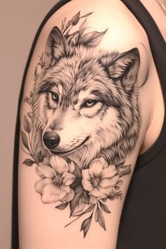 a woman's arm with a wolf and flowers tattoo on her left side shoulder