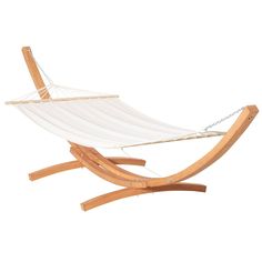 a white hammock sitting on top of a wooden stand