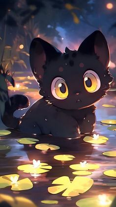 a cat is floating in the water surrounded by lily pads