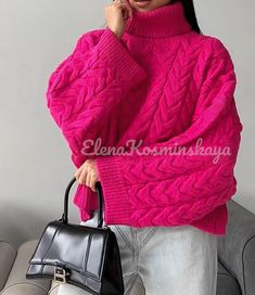 Hot pink cable knit pattern oversized turtleneck pullover that will keep you warm and cozy in any weather! Our loose fit sweater is knitted from a soft blend of wool and acrylic yarn, cable knit makes an excellent accent to the image and an excellent combination with various bottoms: trousers, jeans, a skirt or a dress. The pullover will complement both a casual look for every day and for special occasions and will be a great gift idea for loved ones.    DETAILS  - hot pink  - 50 % wool, 50 % co Oversized Pink Knitted Sweater, Pink Casual Cable Knit Sweater, Pink Sweater Bulky Knit, Luxury Pink Cable Knit Sweater, Oversized Hand-knitted Pink Sweater, Loose Fit Sweater, Turtleneck Pullover, Trousers Jeans, Oversized Turtleneck