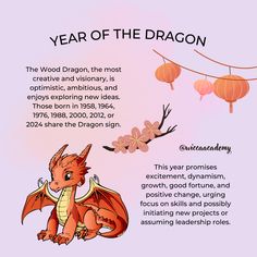 the year of the dragon is written in english and chinese, with an image of a dragon