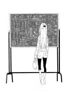 a woman standing in front of a chalkboard with writing on it