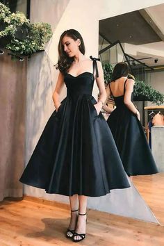 Wholesale A line Sweetheart Evening Dress Satin Tea Length Homecoming Dress Tea Length Homecoming Dresses, Sweetheart Evening Dress, Simple Spaghetti, Graduation Party Dresses, Black Homecoming Dress, Formal Ball Gown, Satin Homecoming Dress, Cheap Homecoming Dresses, Short Prom Dresses