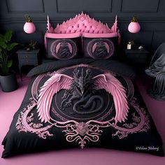 a bed with pink and black decorations on it