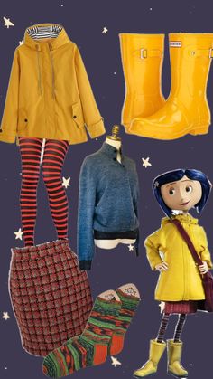 an assortment of clothing and accessories including rain boots