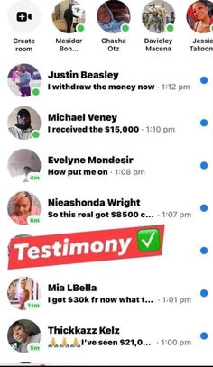 an iphone screen with the text testimony on it and several different people's faces