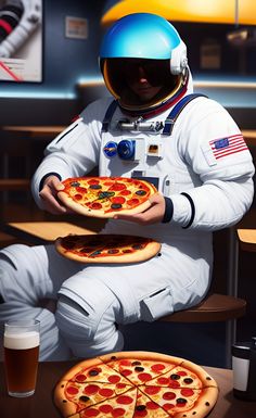 an astronaut is holding two pizzas on the table