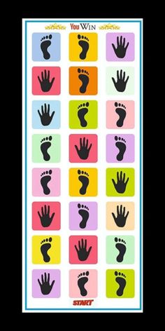 a poster with different hand and foot prints on the front, in black frame against a multi - colored background