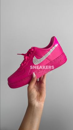 More sizes available on www.SneakersOverHeels.com *SIZES ARE IN WOMEN'S US* Please check the size chart attached and remember they are offered in women's sizing, as I am not accepting returns at this time.  Materials are purchased from authorized retailers and made with extreme attention to detail. Made with a variety of crystal sizes for maximum bling with all 4 swoosh logos embellished. Please contact me for any custom requests/designs NIKE AIR FORCE 1 '07 IN COLOR FIREBERRY/FIERCE PINK We wan Pink Nike Shoes Women, Pink Custom Air Force, Pink Air Force 1, Bling Nike Shoes, Pink Nike Shoes, Pretty Sneakers, Nike Fashion Shoes, Nike Slides, Pretty Shoes Sneakers