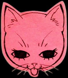 a drawing of a pink cat's face with black eyes and long whiskers