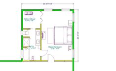 the floor plan for a small house with two bathrooms and an attached kitchenette area