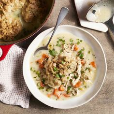 a bowl of chicken pot pie next to a skillet