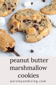 peanut butter marshmallow cookies with chocolate chips and marshmallows on the side