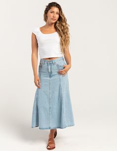 Levi's Fit And Flare Denim Midi Skirt. A Nostalgic Staple–made For Now. Cut With An Easy High Rise, Our Fit And Flare Skirt Is Slim Through The Waist And Hip And Widens To Create A Flowy Silhouette. Then, We Gave It Seam Detailing For A Real Throwback Touch. A Nostalgic Staple. Cut With An A-Line, Midi Silhouette. With An Easy High Rise. Finished With Seam Detailing. Non-Stretch. Zip Fly. 5-Pocket Styling. Approx. Length: 32''. 100% Cotton. Machine Wash. Imported. Model Is Wearing A Size 27. Model Measurements:height: 5'7" Bust: 34.5"waist: 27"hips: 38" | Levi's Fit And Flare Denim Midi Skirt - I Will High Rise Fitted Denim Skirt For Spring, Fitted High Rise Denim Skirt For Spring, Summer Stretch Denim Skirt Straight Leg, Light Wash Fitted Cotton Denim Skirt, Fitted Light Wash Cotton Denim Skirt, Fitted Light Wash Skirt For Spring, Spring Light Wash Fitted Skirt, Light Wash Fitted Denim Skirt For Spring, Casual Fitted Straight Leg Skirt