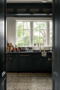 an open door leading to a kitchen with black cabinets and marble counter tops, along with potted plants on the window sill