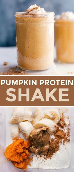 pumpkin protein shake recipe in a mason jar with ingredients on the side and text overlay that reads pumpkin protein shake